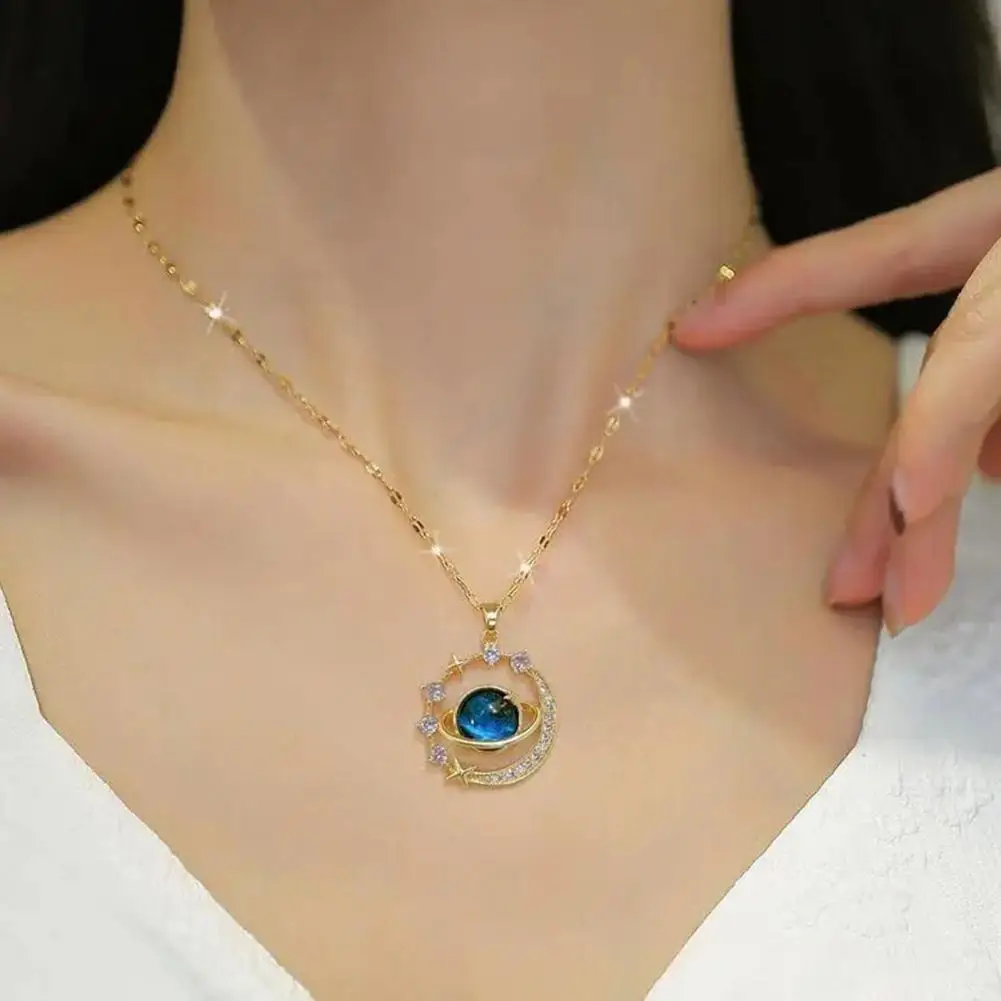 Planet Pendant Necklace Elegant Rhinestone Moon Star Necklace for Women Heavenly Body Pendant Jewelry for Prom Party Dating