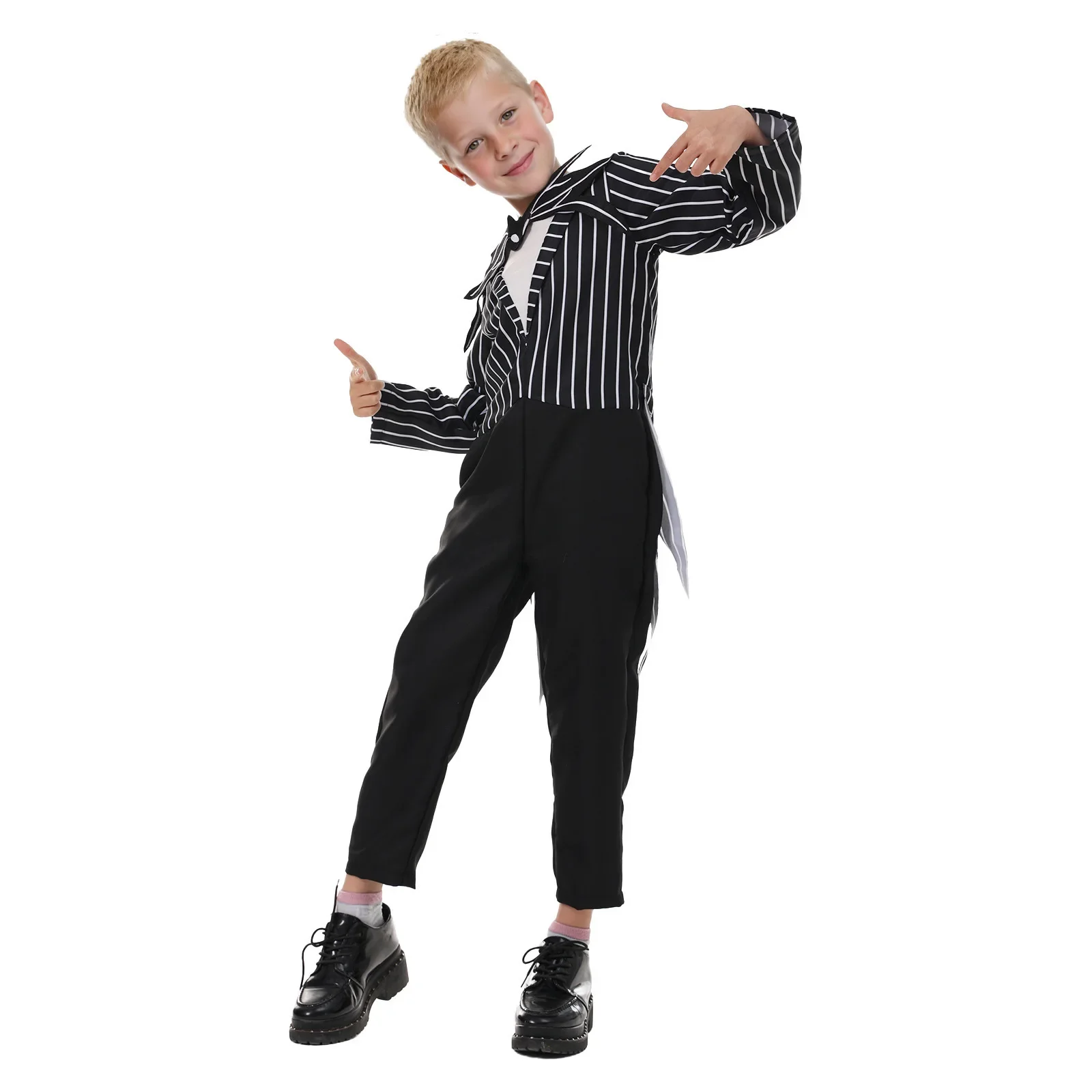 Schwarzer, weiß gestreifter Smoking-Overall mit Skelettkragen für Jungen, Halloween-Geister-Gentleman-Kostüm für Kinder, Karneval, Bühnenparty-Outfit – Detail 5