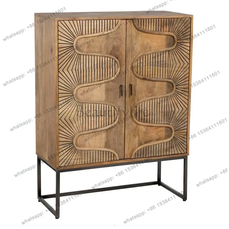 

French retro dining side tea cabinet American solid wood carving flower living room decorative storage cabinet