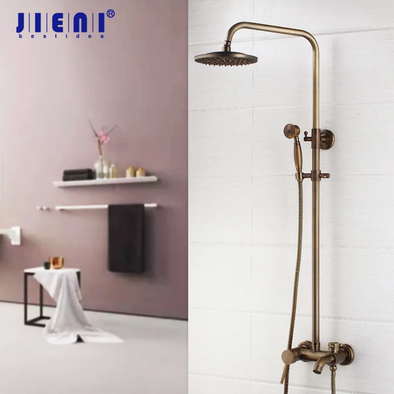 

JIENI Antique Brass 8 Inch Shower Faucet Set Bathroom Hand Shower Sprayer Solid Brass Wall Mounted Mixer Shower Set