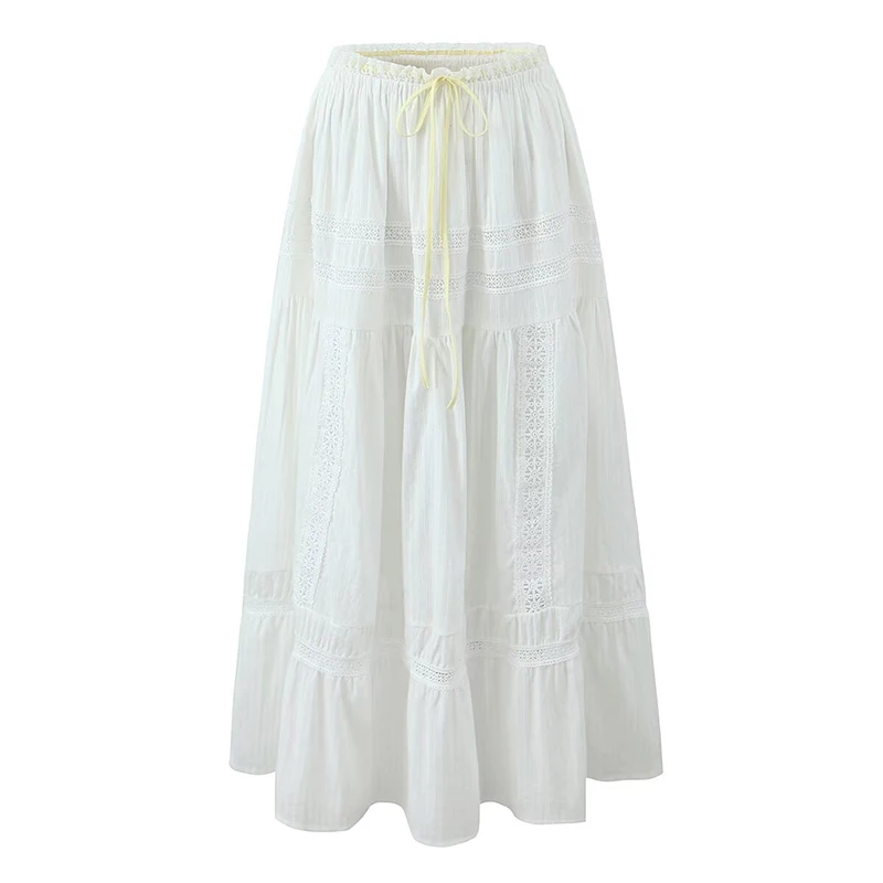 YENKYE New 2025 Women French Style Romantic Spliced Lace White Long Skirt Ribbon Elastic Waist A-line Summer Skirts Holiday