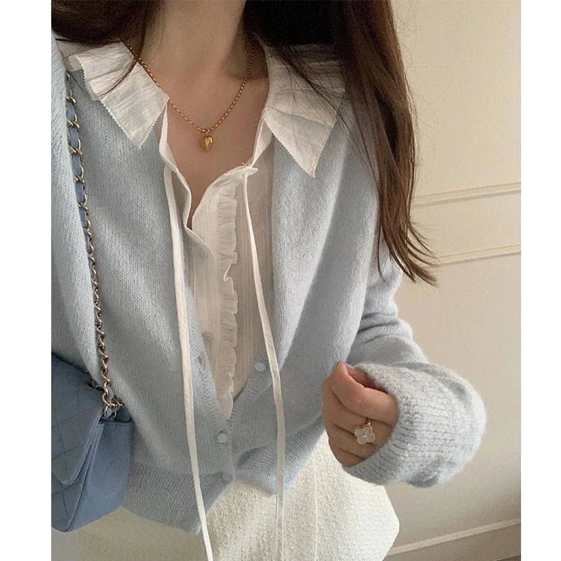 Sweet Sli White irt Long Sve Layering Top pour un look jeune Début du printemps Fibre de polyester 00% Faion pour femme