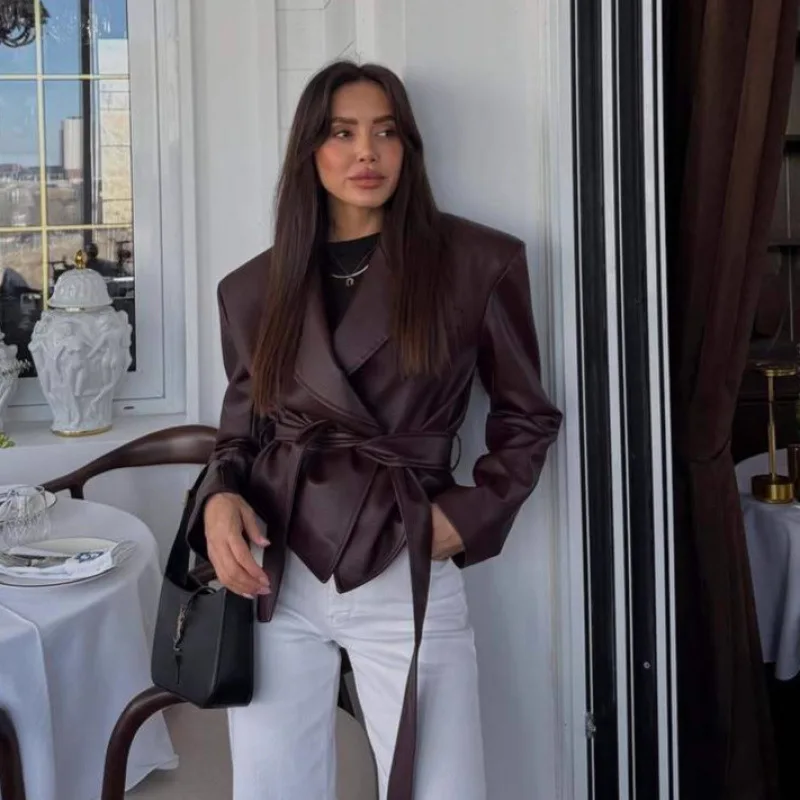 Sli tendance moto cuir Jaet femmes automne hiver nouveauté Cool cravate ceinturée Ele manteau d'extérieur