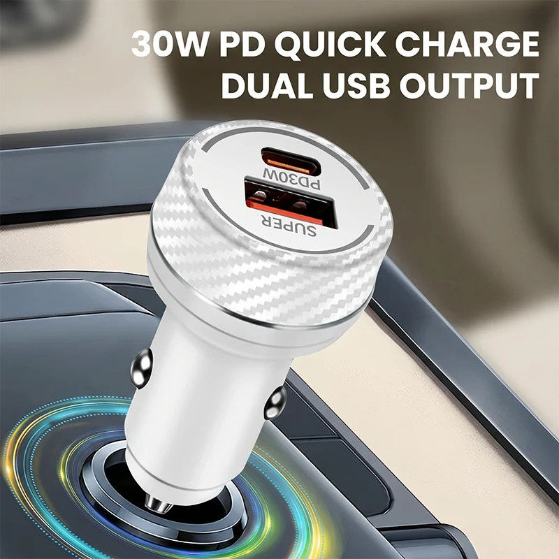 60W Max Car Charger PD30W Type C and QC30W USB A Dual Port Fast Adapter Carbon Fiber Texture Blue LED Light Fits 12-24V Vehicles