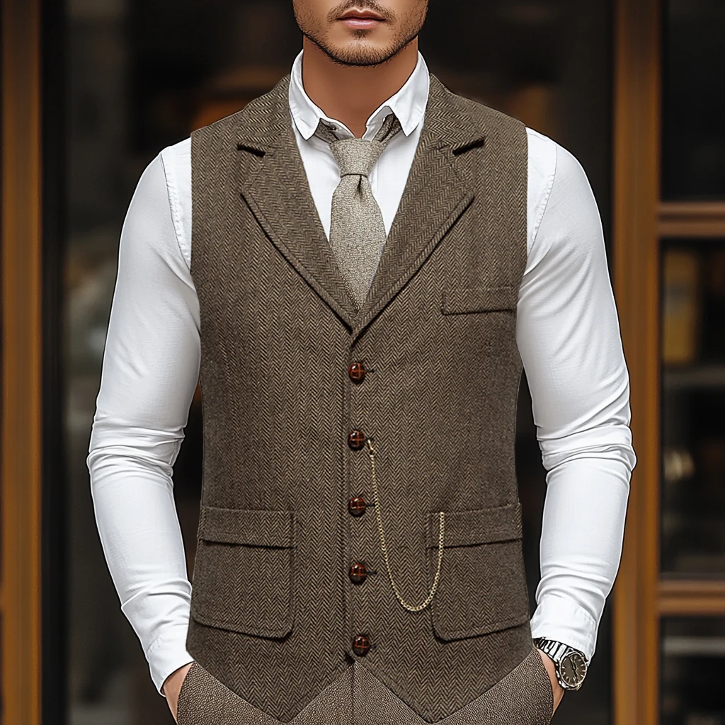 

Мужская цепочка на лацкане в стиле ретро, модный костюм с узором «елочка», грубый твидовый костюм с карманами, жилет в британском стиле, повседневный винтажный джентльменский костюм для отдыха и вечеринки