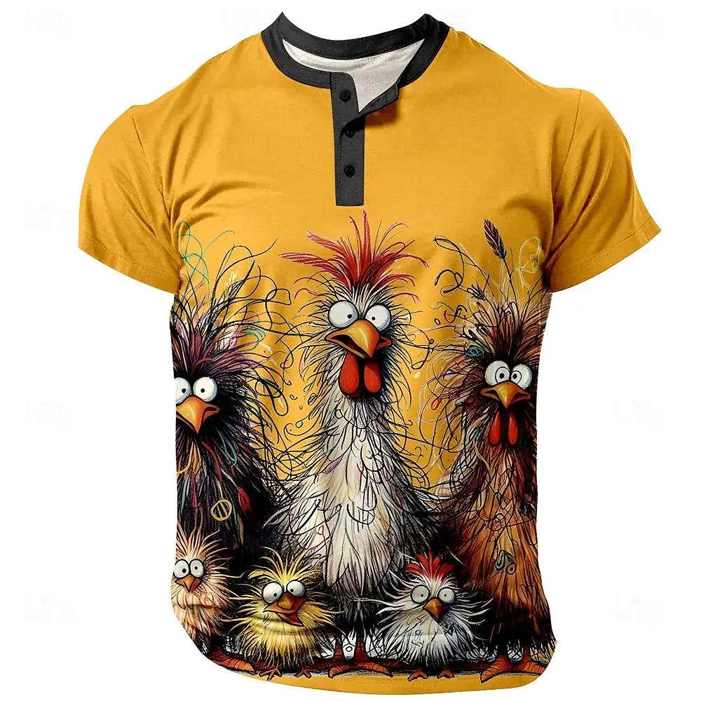 Funny 3D Print Chicken Graphic Men's Henley T-Shirts Summer Fashion Breathable Button Henry Shirts Loose Creative Design Clothes