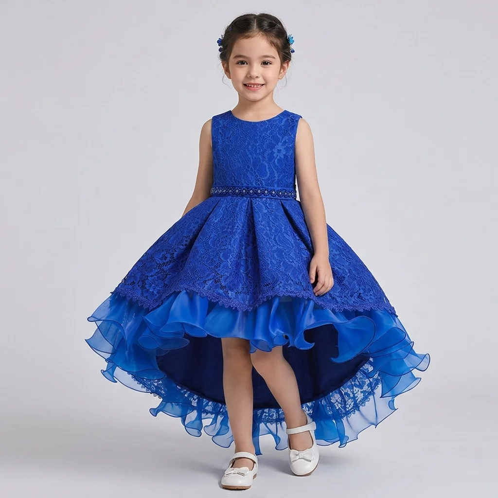 

Elegant Lace Tulle Girls Birthday Party Dress Luxury Ruffled Fluffy Princess Gown Kids Pageant Piano Show Evening Long Dresses