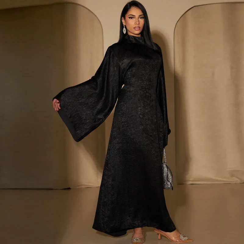 Belted Dress Shiny Satin Abaya Pagoda Sleeve Satin Dubai Islam Muslim Kaftan Dresses Kebaya Abayas Women Robe Musulmane Vestidos
