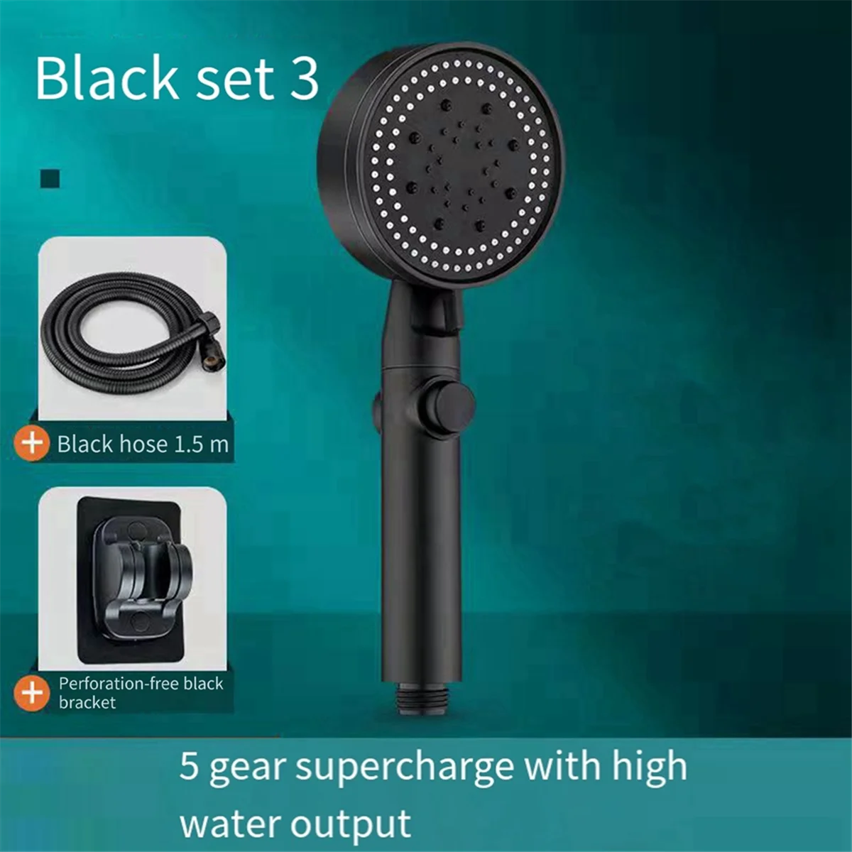 3Pcs Adjustable Black Shower Head Set with Wall Mount Holder + Hose, High Pressure Water Saving Shower Head