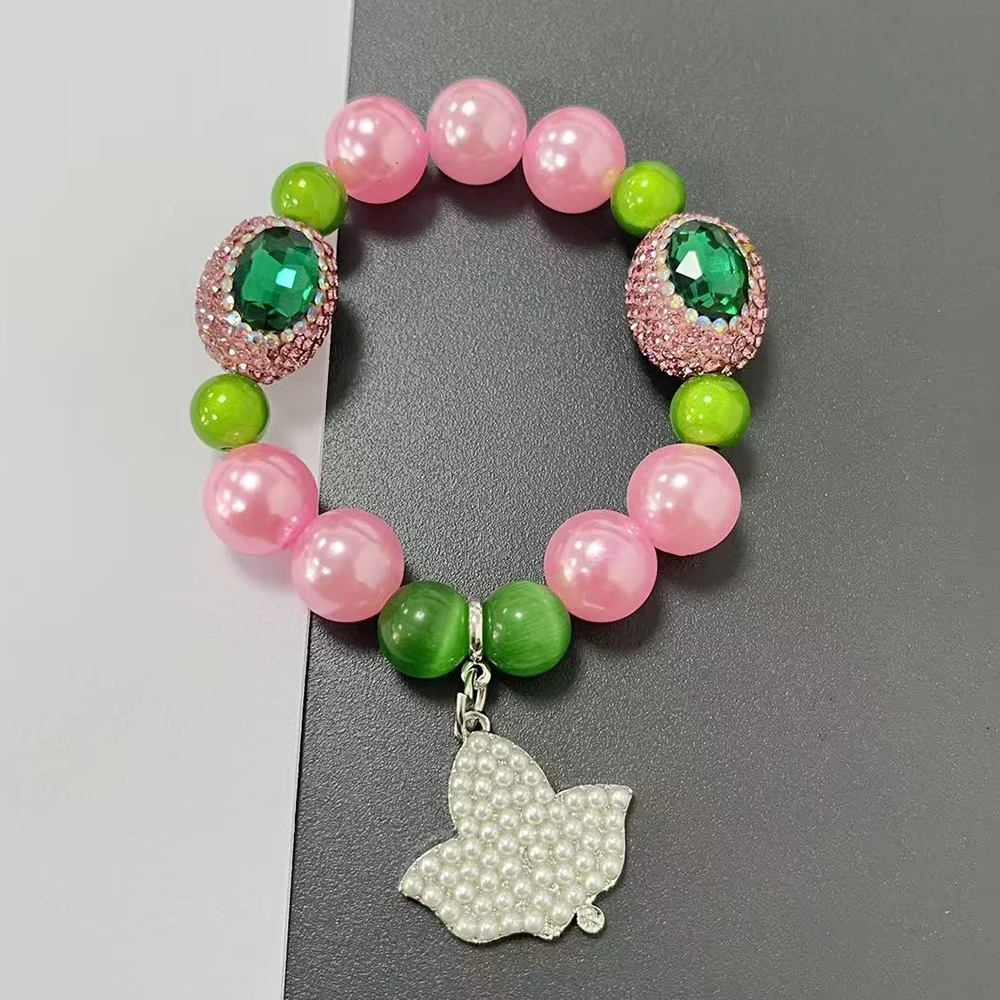 Sorority Organization Greek Letter Logo Ivy Pink And Green Beaded Stretch Bracelet