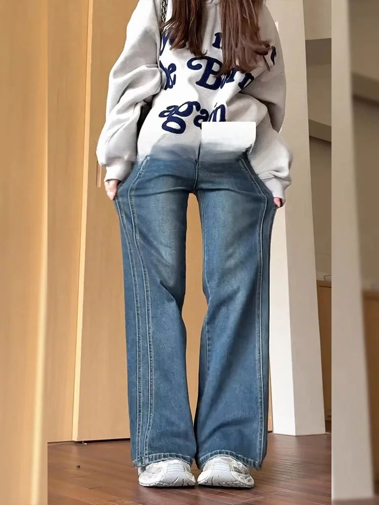 กางเกงยีนส์ทรงตรงเอวสูงสำหรับผู้หญิง รุ่นใหม่ประจำฤดูใบไม้ร่วง ไซส์พลัส ช่วยกระชับสัดส่วน ทรงกางเกงขากว้างไซส์เล็ก