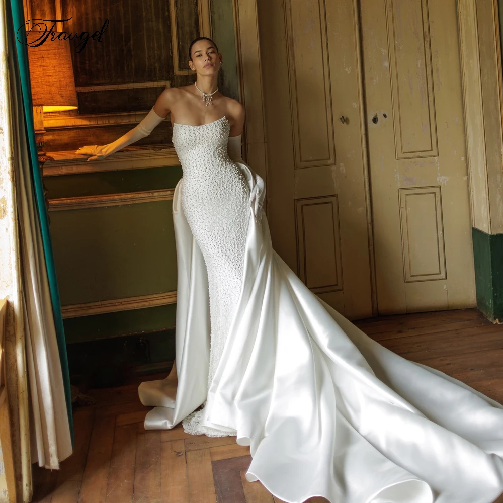 

Customized Mermaid Sexy Wedding Dresses Strapless Matte Satin Vestido De Novia Lace Beaded Detachable Train Robe De Mariee