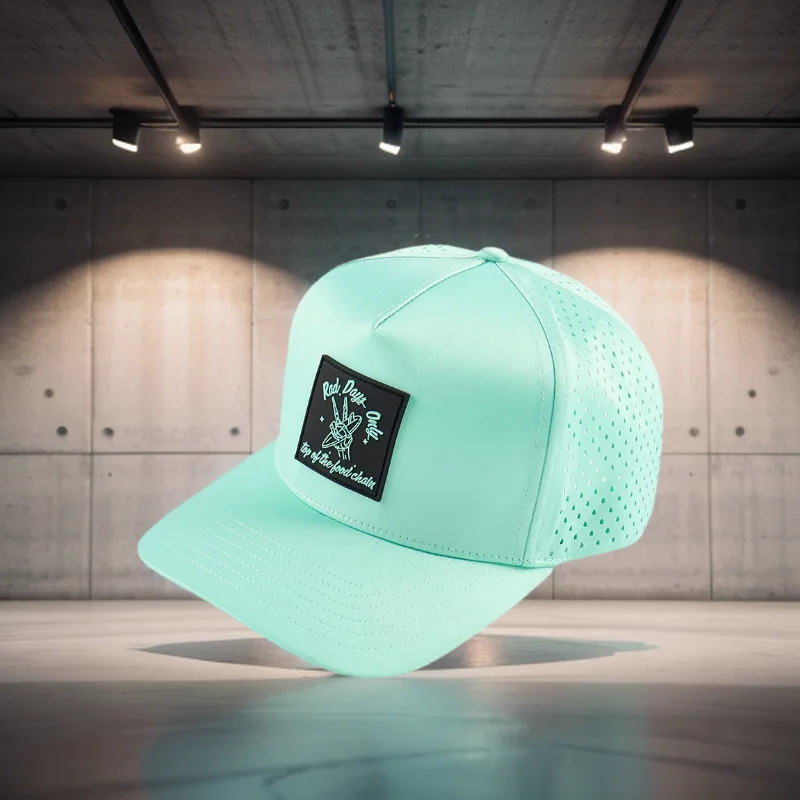 

Oem Custom 5 Panel Water Resistant Laser Cut Drilled Hole Perforated Running Hat Quick Dry Embroidered Baseball hats