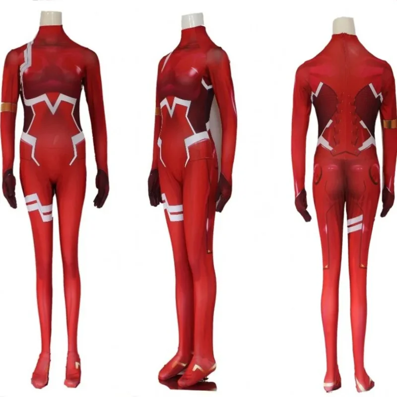 Cos Anime Darling In The Franxx 02 Zero Two disfraz de Cosplay para mujer disfraz de Halloween peluca mono con estampado 3D traje Zentai