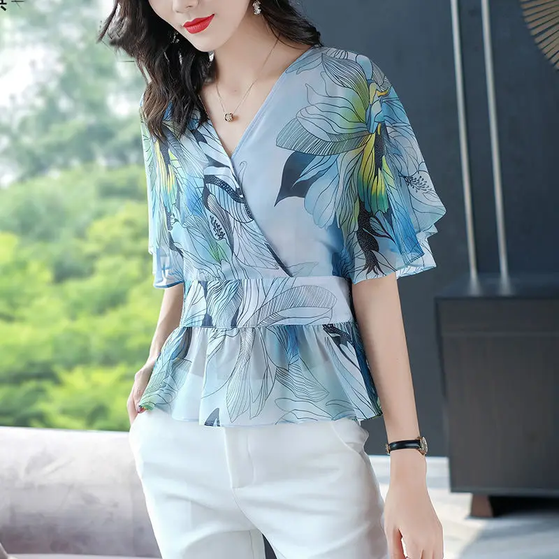 Office Lady Fashion Flowers Printed Blouse Summer Casual Ruffles Patchwork All-match Female V-Neck Korean Drawstring Bow Shirt