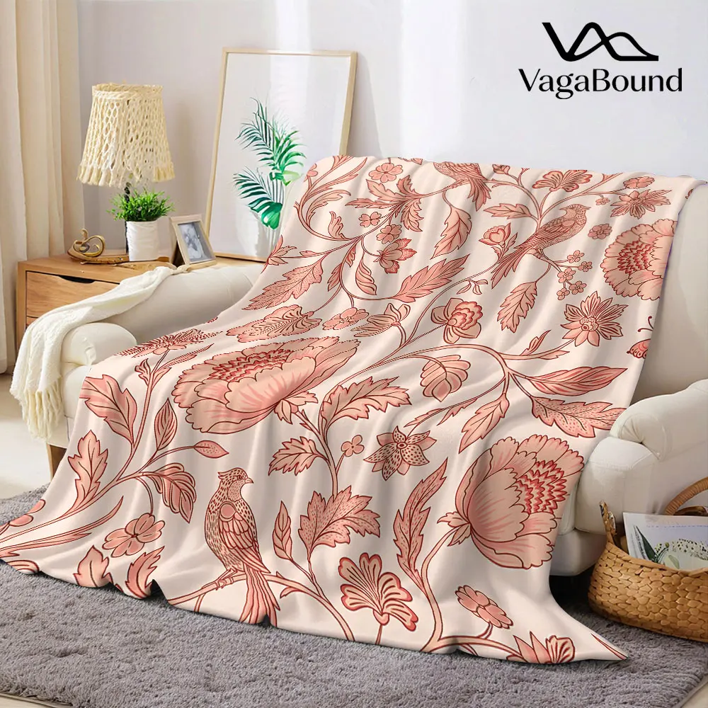 Vintage Blush Bird Peony Flannel Blanket Warm Soft Halloween Christmas Decorative Couch Warm Cozy All-Season Gift