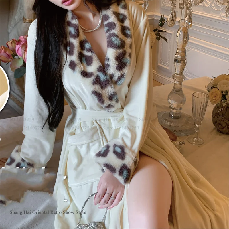 

Sexy Leopard Long Robe Women Home Dress Autumn Winter Island Velvet Warm Sleepwear Kimono Bathrobe Gown Loose Casual Lounge Wear
