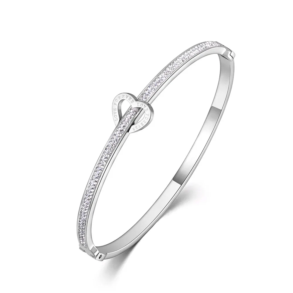 Lokaer Titanium Stainless Steel Love For Ever Rhinestone Cuff Bangles Bracelets Jewelry For Women Valentine\'s Day Gift B19032