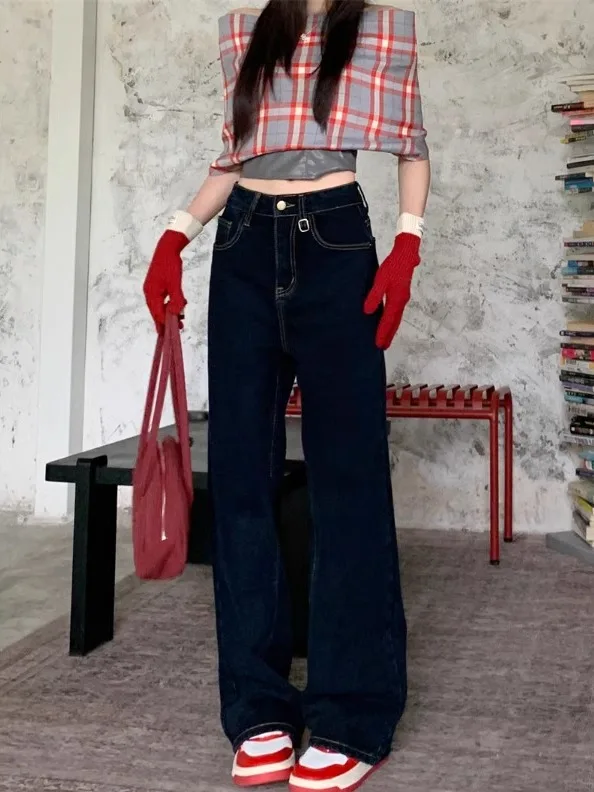 

Темно-синие прямые джинсы с высокой талией в стиле ретро, женские свободные повседневные широкие брюки, брюки длиной до пола, осенняя коллекция