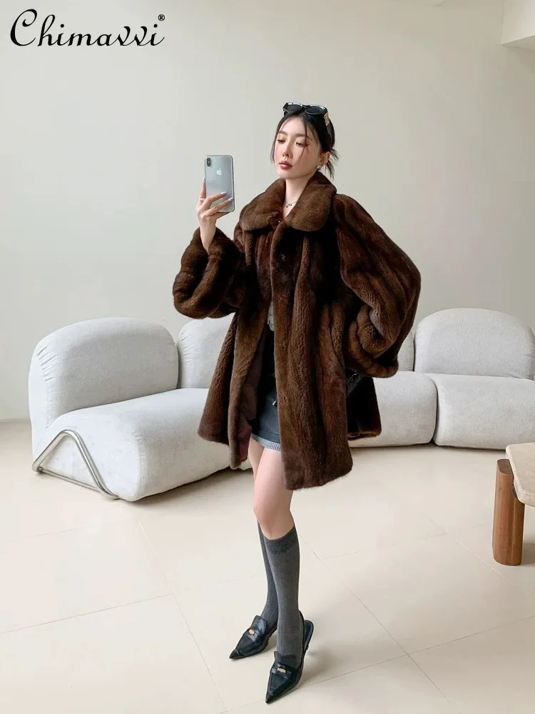 خمر اليقطين كم معطف فرو المنك سترة شتاء 2025 موضة جديدة الراقية سميكة الدافئة أنيقة المرأة معطف الفرو