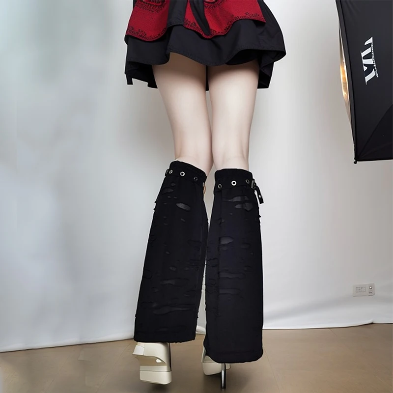 Gothic Socks For Women Broken Fabric Cool Street Leg Warmers With Eyelet Ribbon Flare Slim Black Foot Cover Leggings 2025 Spring