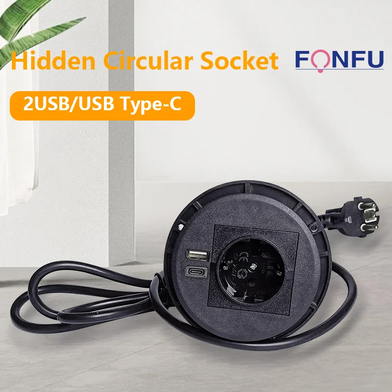 Desktop socket Multifunctional EU Socket with 2USB/USB Type-C Recessed Desktop Plug Round Socket