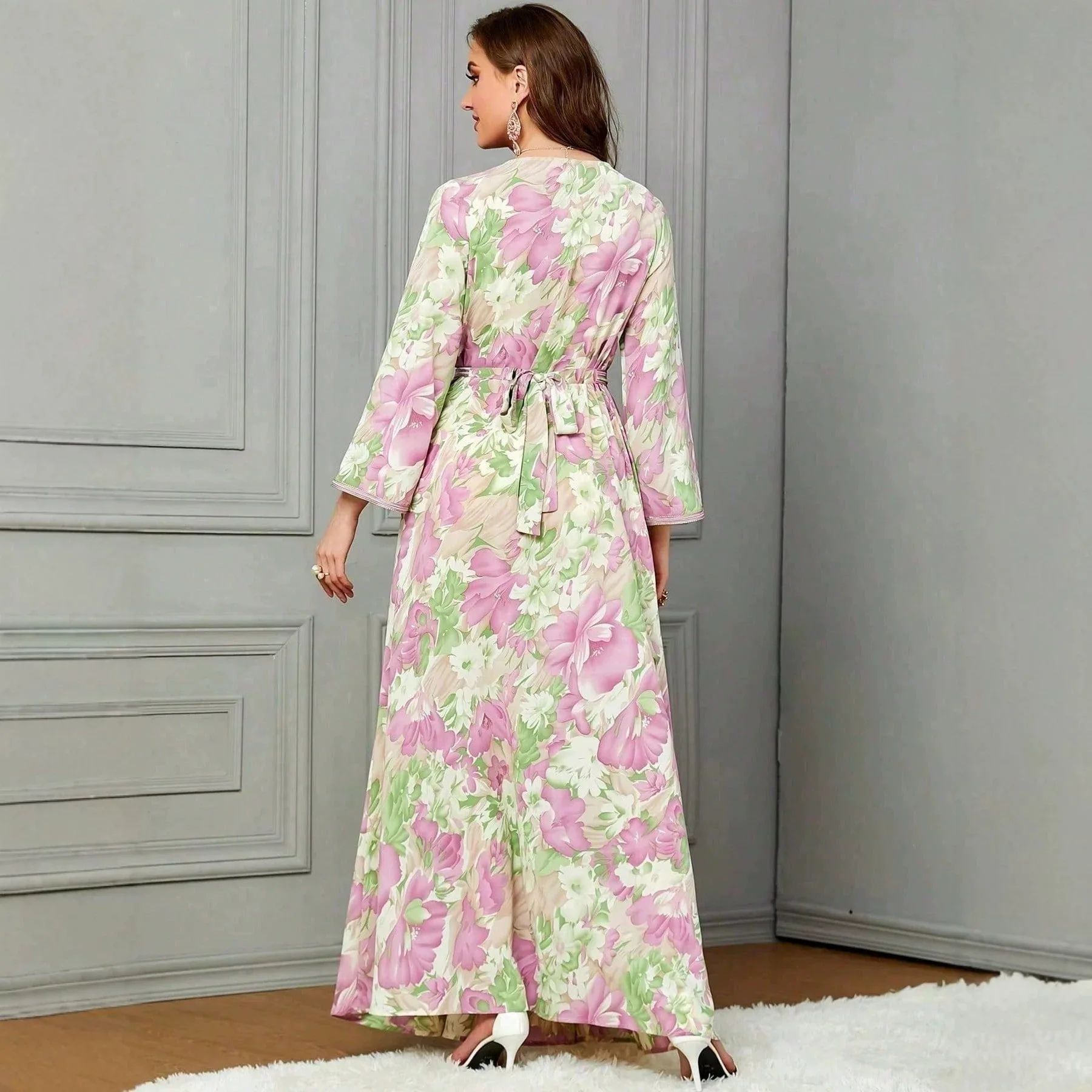 Dress Women Eid Muslim Flower Print Abaya Party Dresses Jalabiya Ramadan Vestidos Morocco Dubai Lace Up Kaftan Islam Long Robe