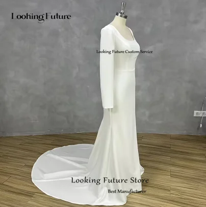 Maßgeschneidertes einfaches sexy Meerjungfrau-weißes Hochzeitskleid aus Satin, rückenfrei, Reißverschluss, Falten, lange Ärmel, Brautkleid, quadratischer Kragen, Hofschleppe