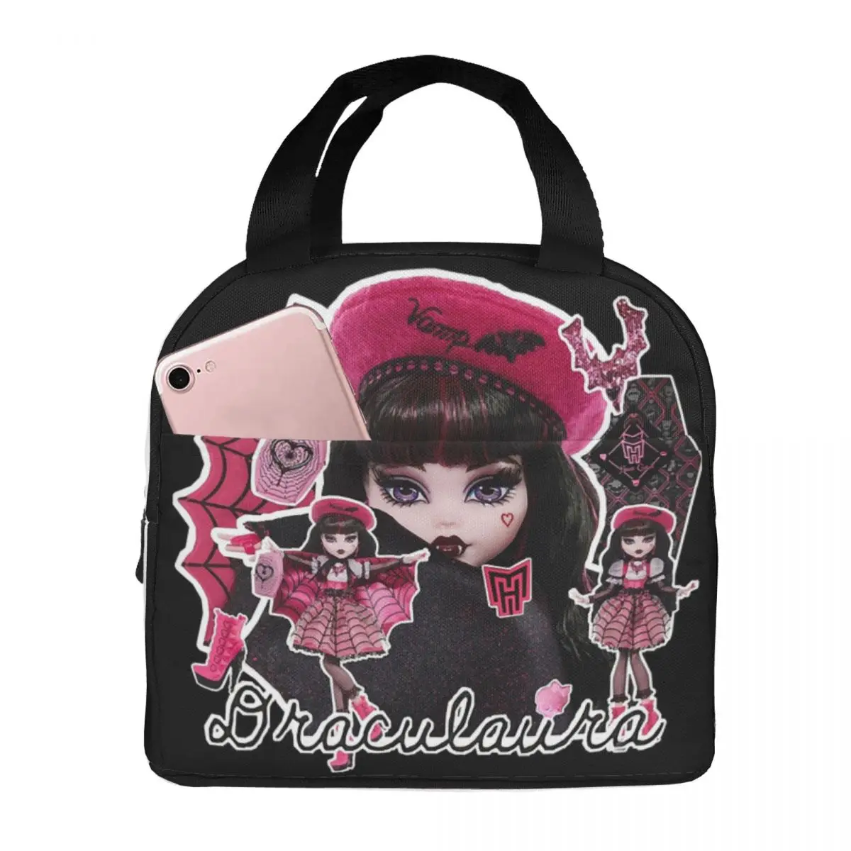 Monster High Doll Pretty Pink Pattern Lunch Bag Insulated Bento Box Waterproof Lunch Tote Resuable Picnic Bag Cooler Thermal Bag