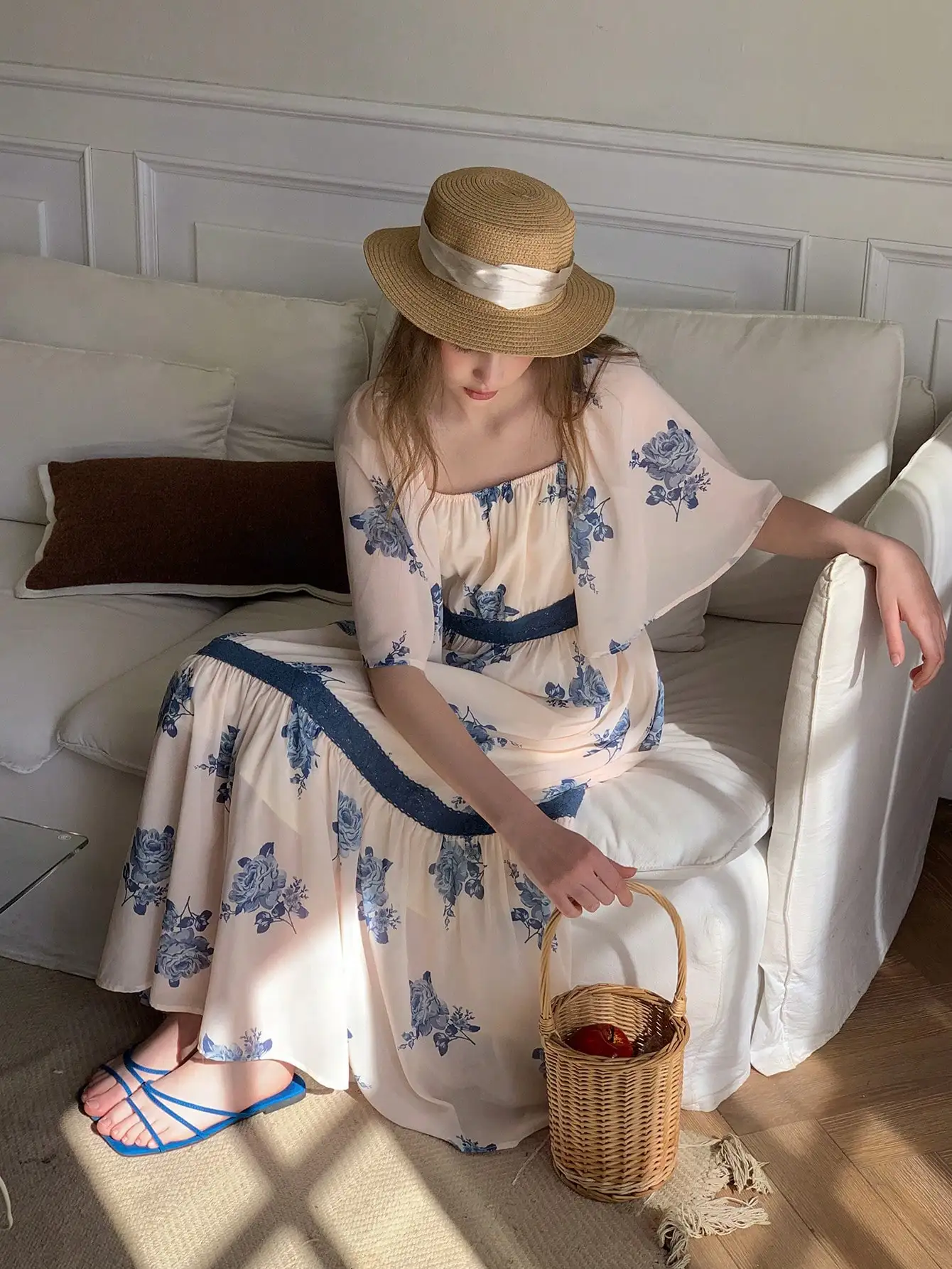 Floral Print Square Neck Flutter Sleeve Cinched Waist Maxi Dress
