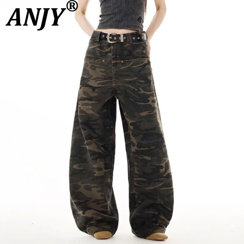 

ANJY Autumn Winter American Vintage Tide Camouflage Straight Cargo Jeans Unisex Fashion High Street Versatile Denim Pants A11969
