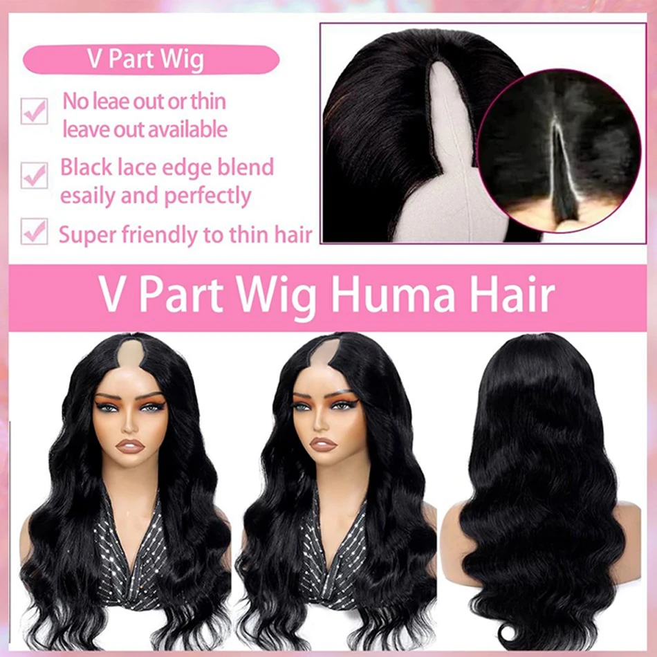 V Part Wig Body Wave Human Hair Wigs For Women Glueless Brazilian Natural Color 250 Density Machine Made V Shape Wigs 30 36 Inch image 5