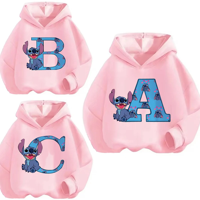 Kawaii Children Hoodies Stitch Letter ABCD Fashion Pullover Sweatshirt Anime Manga Cartoons Girls Boy Kids Casual Clothes Tops