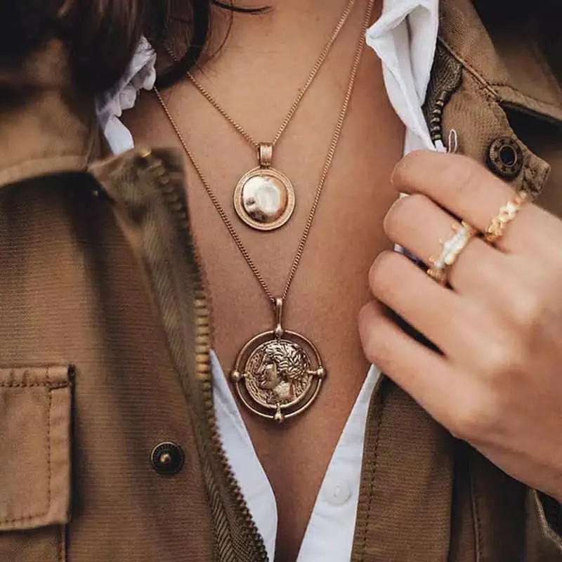 New INS Style Round Shape Pendant Neck Chain Geometry Multi Layer Necklace For Women Trendy Jewelry Party Gifts