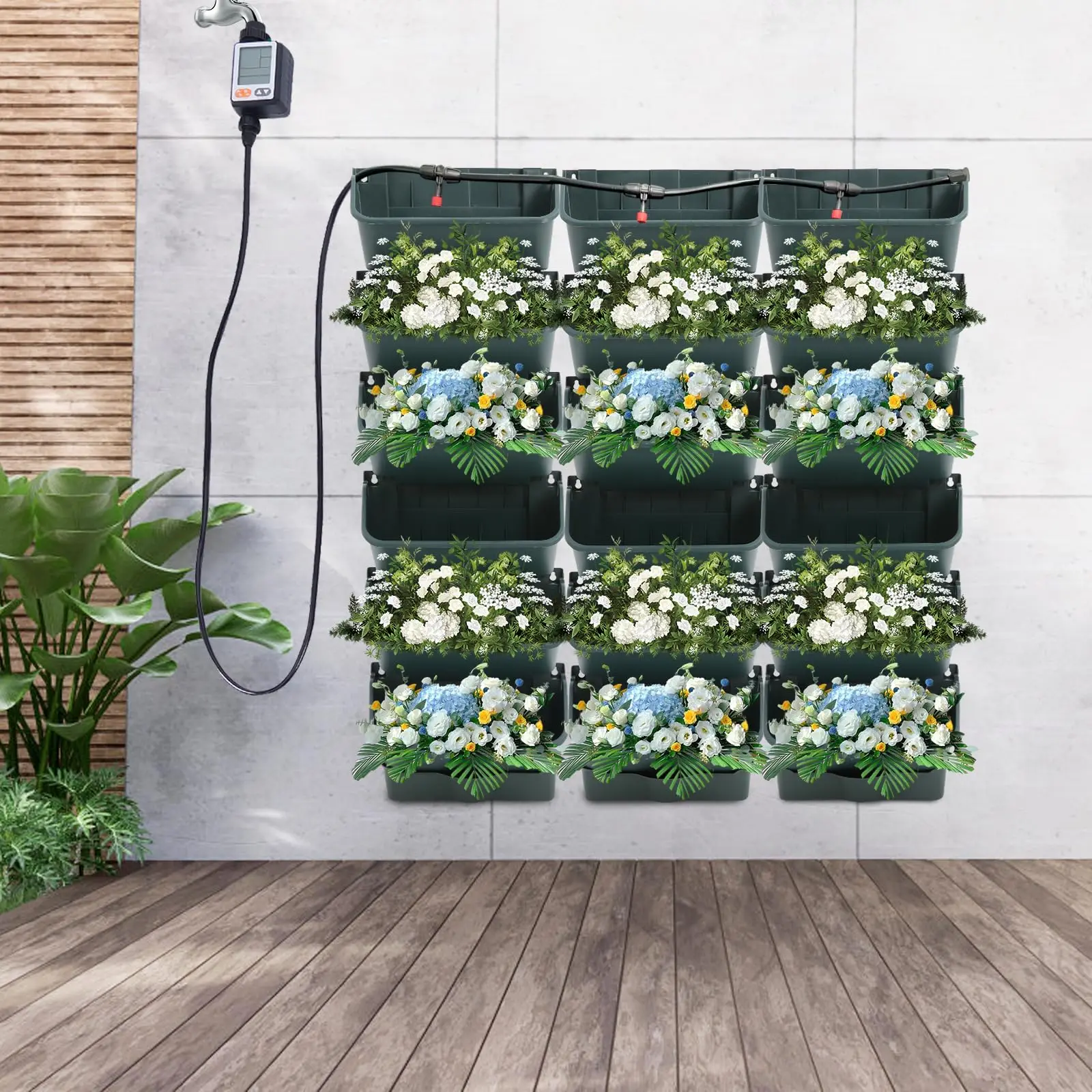 Plantador de parede com rega automática, conjunto de plantador de jardim vertical com 18 potes, vasos de cultivo de plantas empilháveis com temporizador eletrônico fo