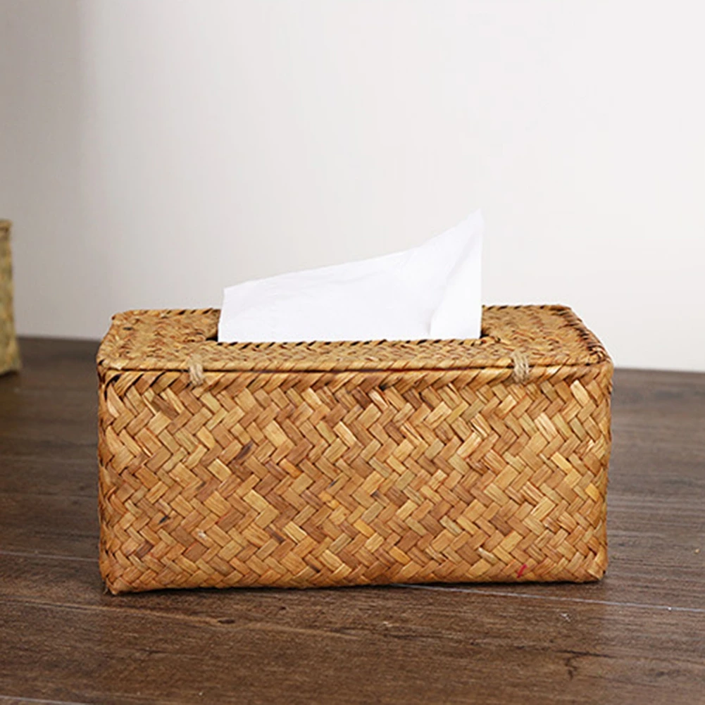 Straw Tissue Box Handmade Woven Rattan Napkin Holder Box Roll Paper Tray Car Living Room Storage Box Home Decoration