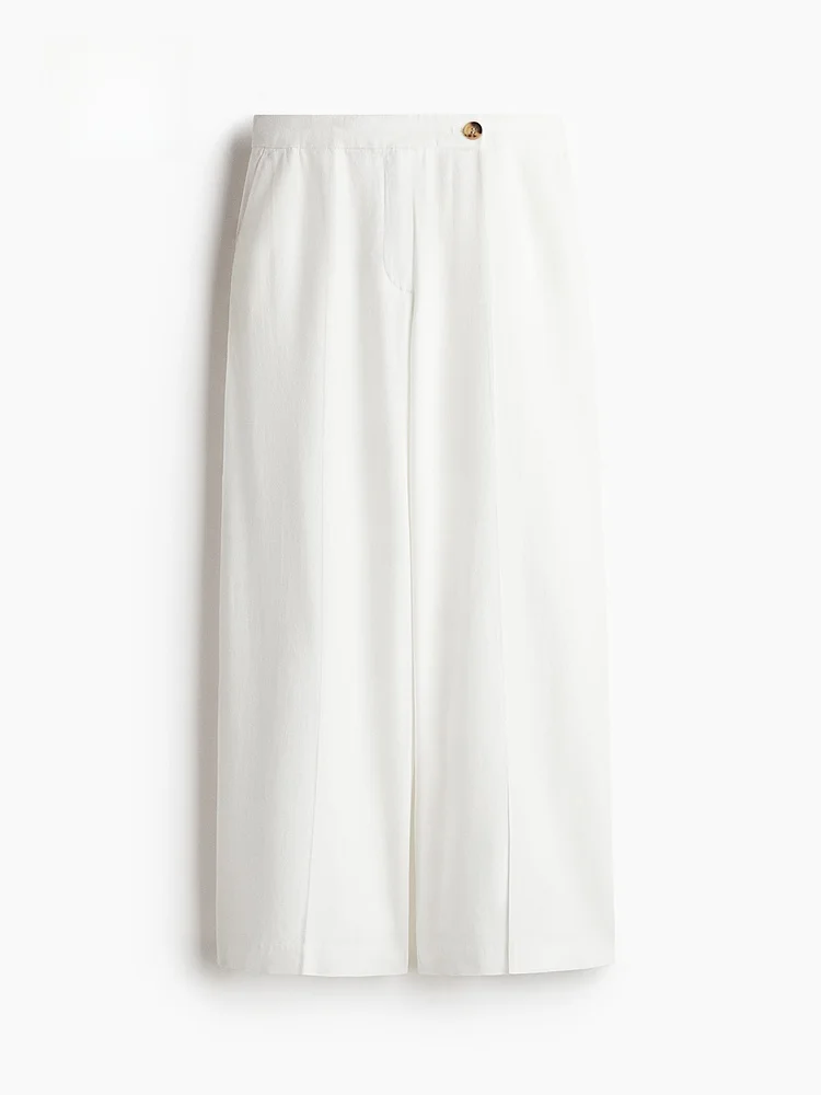 H&M Modne spodnie codzienne damskie z mieszanki włókien, lniane długie spodnie, dopasowane spodnie z prostymi nogawkami, letnia kolekcja