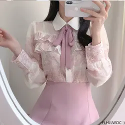 Women's Ruffles Cute Bow Tie Tops Preppy Style Vintage Japanese Korea Design Button Elegant Formal White Pink Shirts Blouses