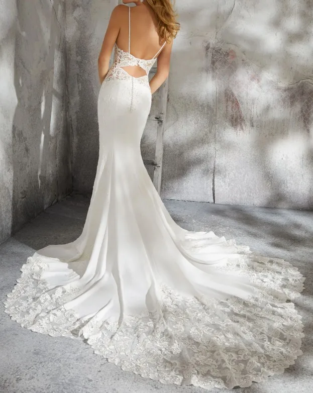 Customized 2026 New Women's Mermaid Wedding Dress V-Neck Strap Satin Decal Decoration Long Tail Vestido De Noiva