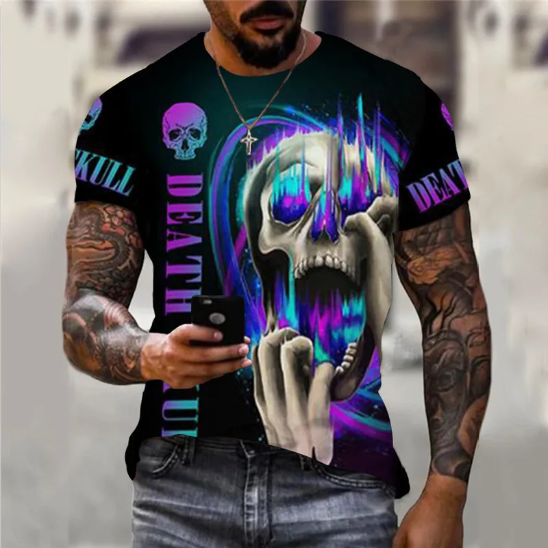 Horror Skulls 3D Fashion Printed Men T-Shirts Short Sleeve Death Skull Letter Gothic T Shirt 6XL Plus Size Loose Casual Tops Tee