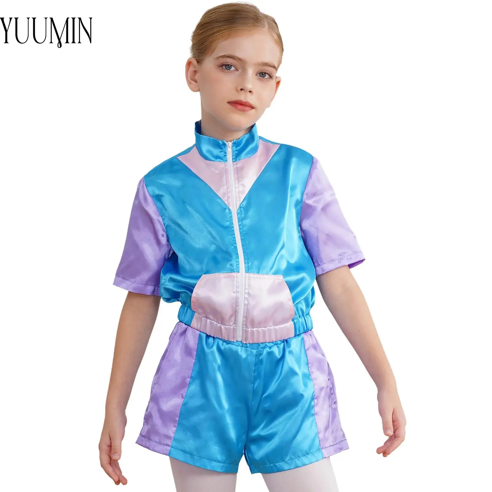 

Boys Girls Hip Hop Dance Costume 80s Tracksuit Sportswear Retro Colorblock Hippie Disco Dancing Halloween Fancy Dress Up