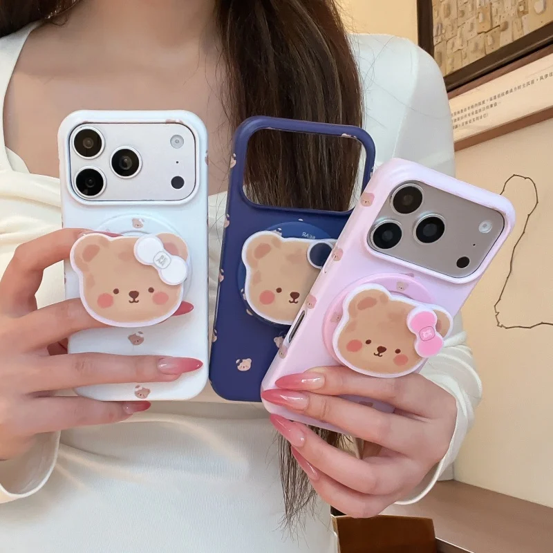 

Korean Cute Cartoon Little Bear Magnetic Phone Case For iPhone 16 Pro 17 15 Pro Max Back Cover with Stand Hard Cases For Magsafe