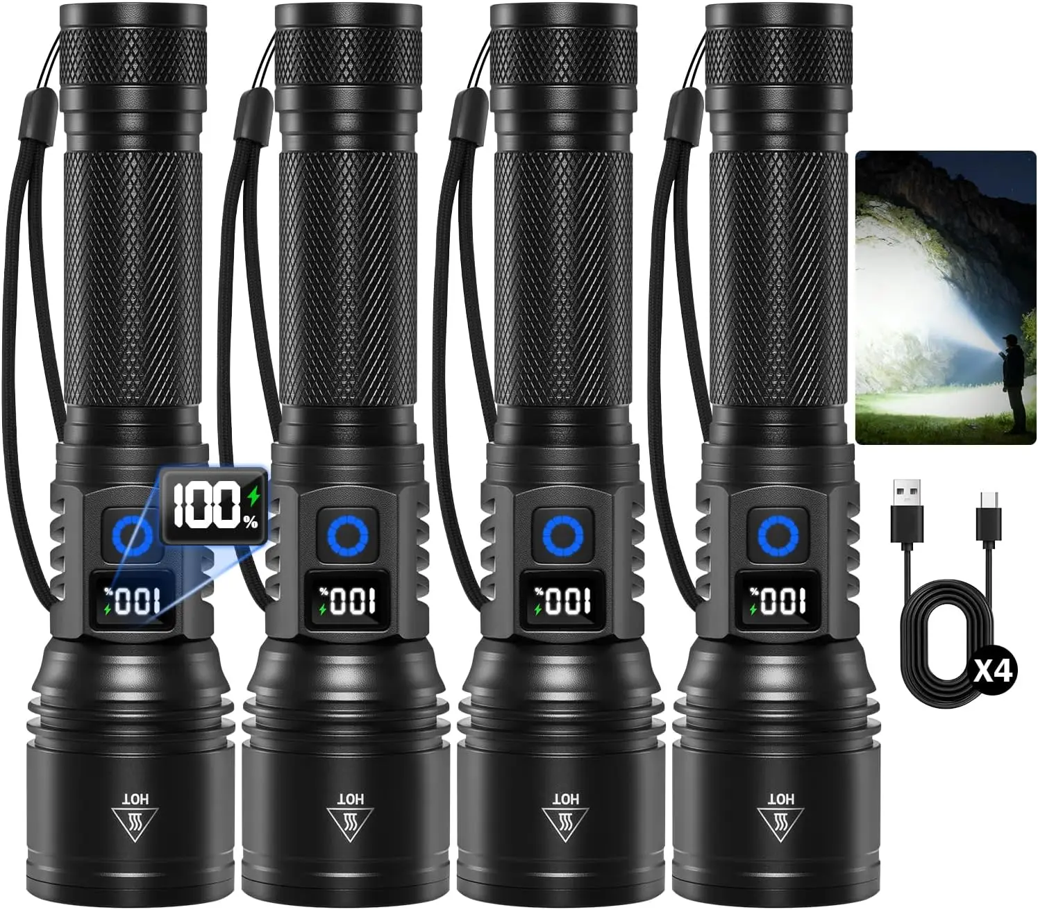 

Перезаряжаемые фонарики с высокой светоотдачей, набор из 4 суперярких тактических светодиодных фонарей для дома, экстренных ситуаций, кемпинга, подарков