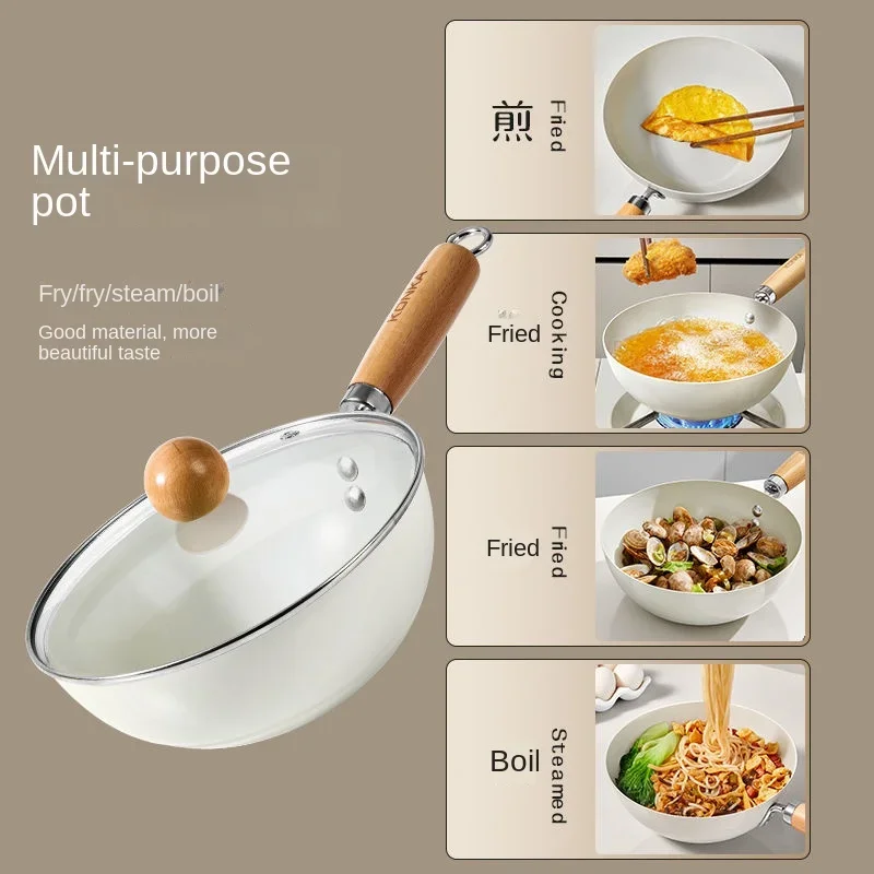 Ceramic Small Wok for One Person Non-coated Non-stick Cooking Pan for Household Induction Cooker Fried Eggs Stir Fry Cooking