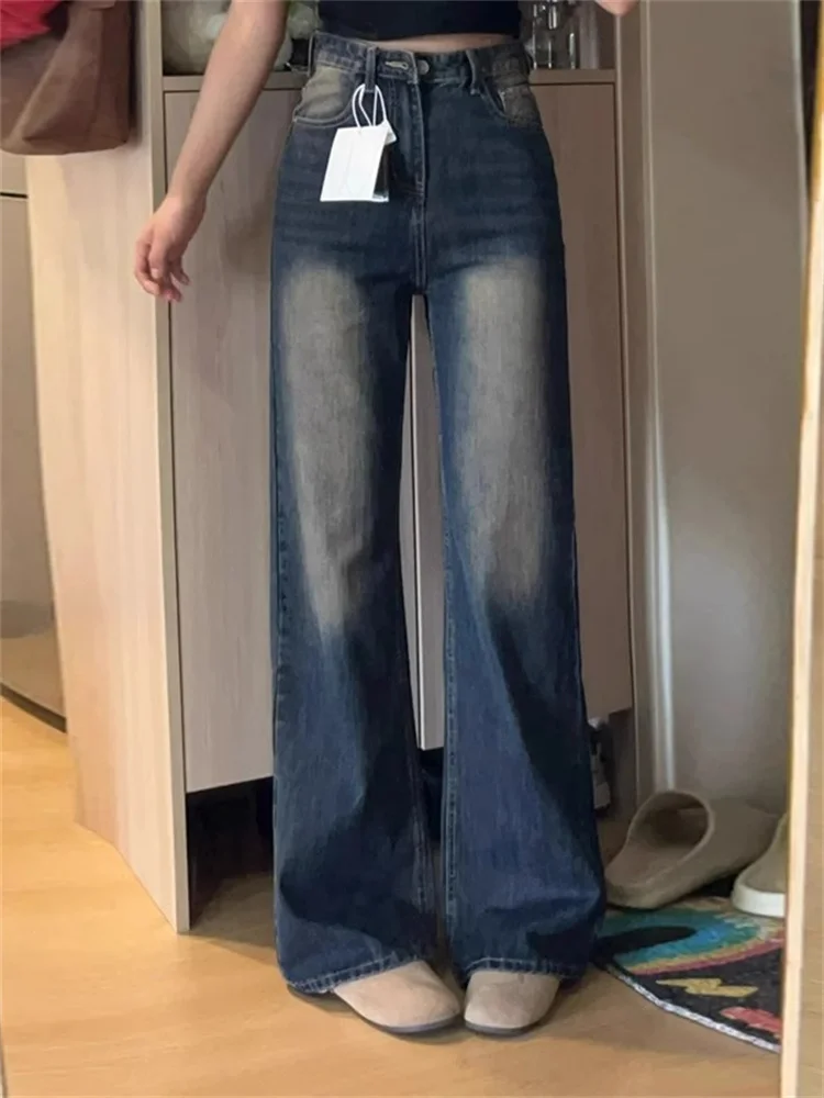 

plus Size Deep Blue Denim Jeans Women's Micro Flared Pants Casual High Waist Long Leggings Comfortable Loose Fit Adult Spring...