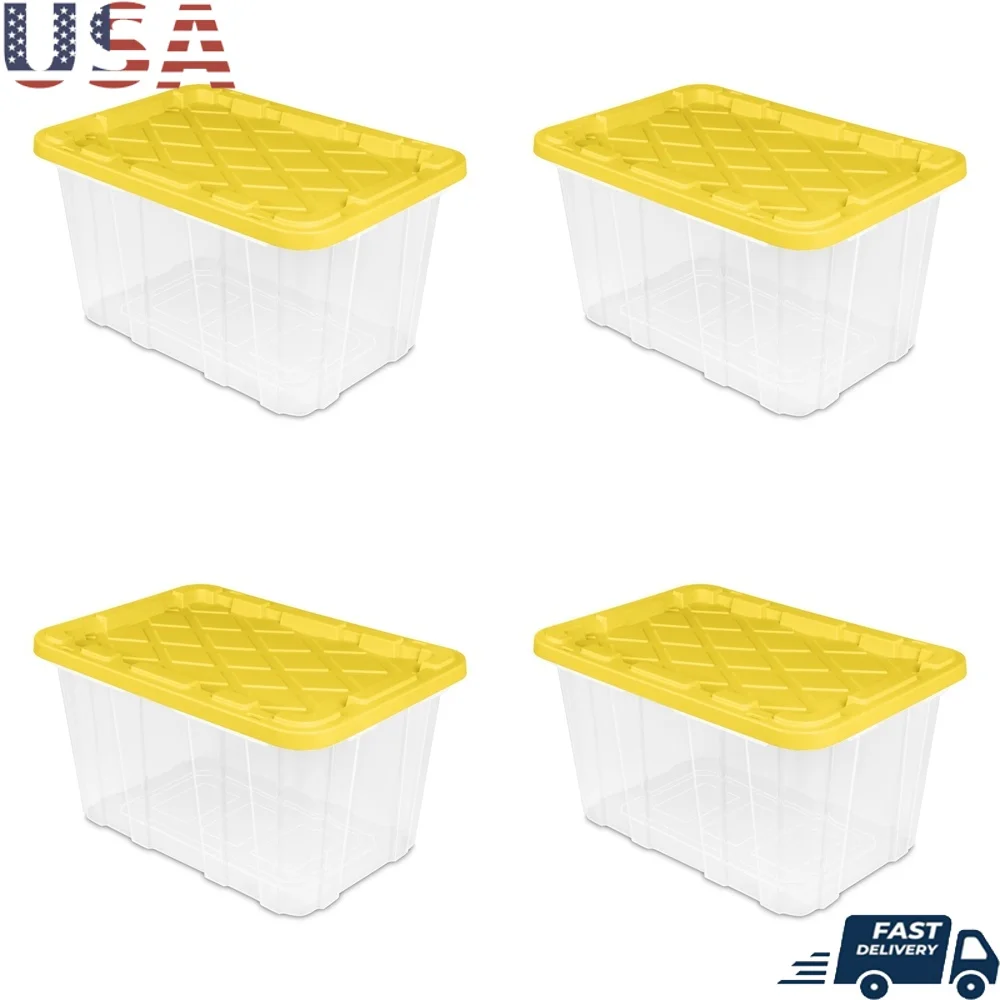 

27 Gallon Heavy Duty Industrial Storage Box with Snap Fit Lid Clear Base Easy Viewing Stackable Carrying Handles 4 Count