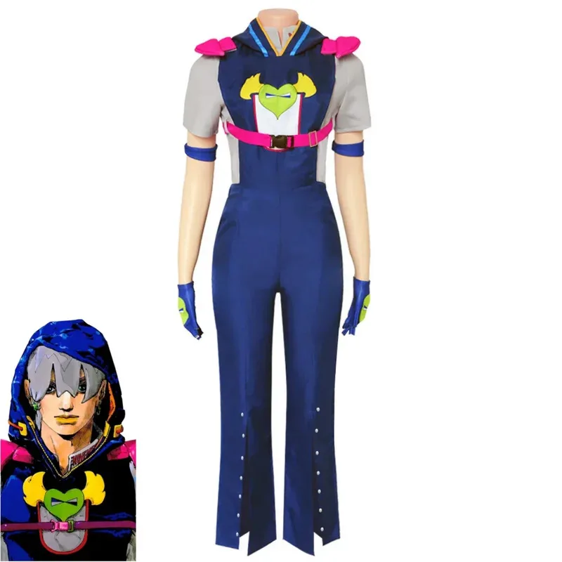 Anime The JOJO Lands Jodio Joestar Cosplay Costume Hooded Blue Jumpsuits Rompers T-shirt Adult Man Halloween Christmas Suitx;8's