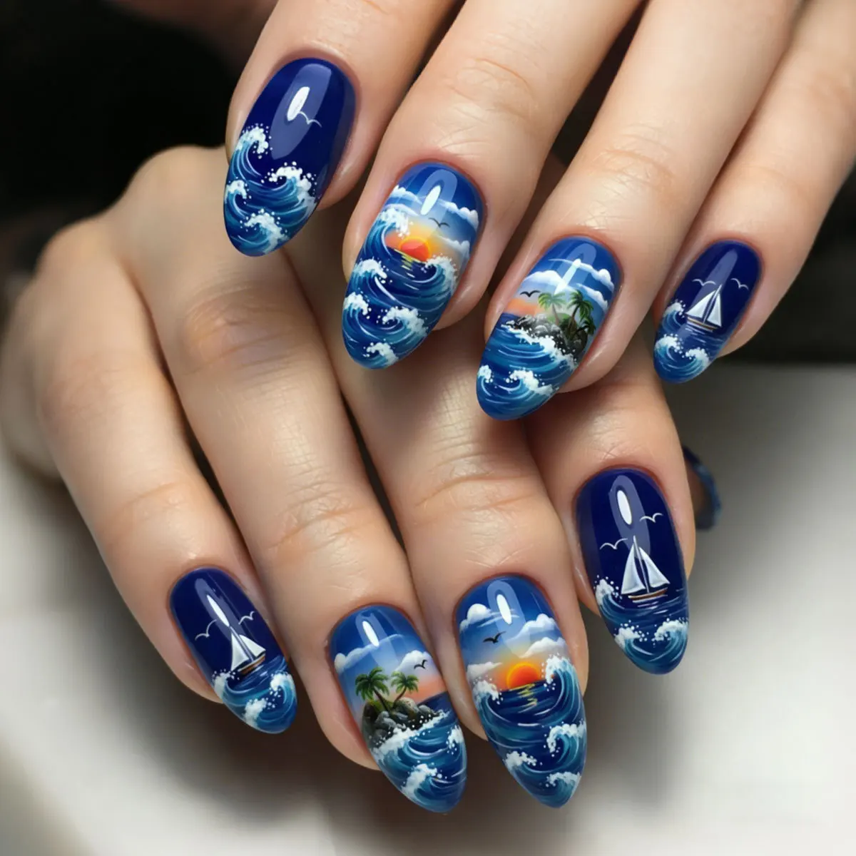 

24 pieces of sea wave scenery nail press, sunset, sailboat and palm tree print long almond fake nails, suitable for women's daily casual wear and summer clothing matching