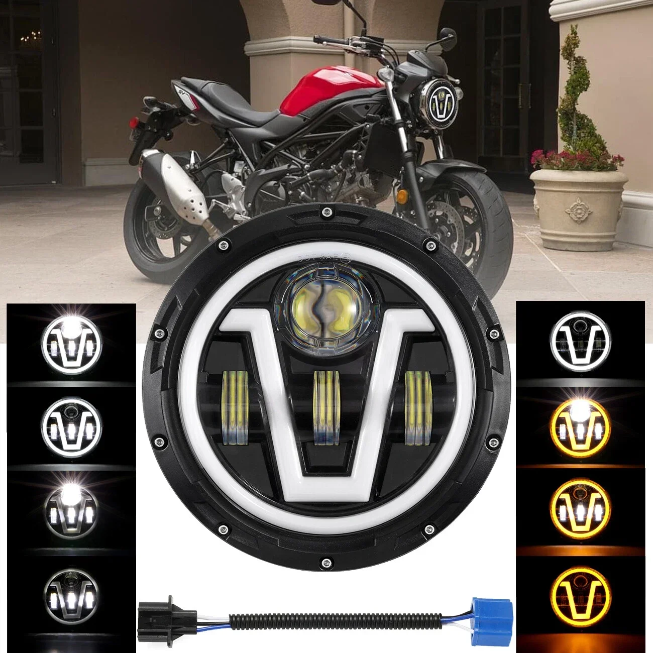 HYNBYZJ Universal 7' Round Head Light 7 Inch Motorcycle LED Headlight H4 Lamp Hi/Lo Beam Turn Signal for Cafe Racer Bobber Honda