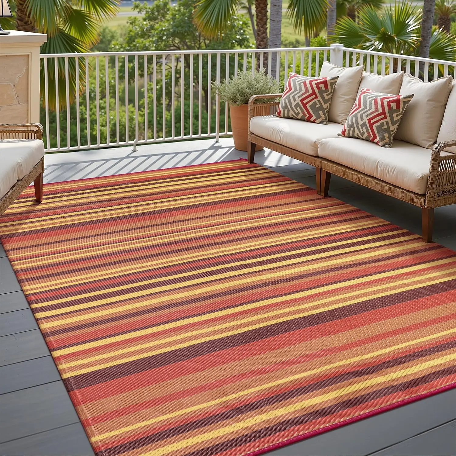

Outdoor Plastic Straw Rug Waterproof Patio 6x9 Red Orange Stripe Mat for Porch Camping RV Balcony Deck Courtyard Reversible L